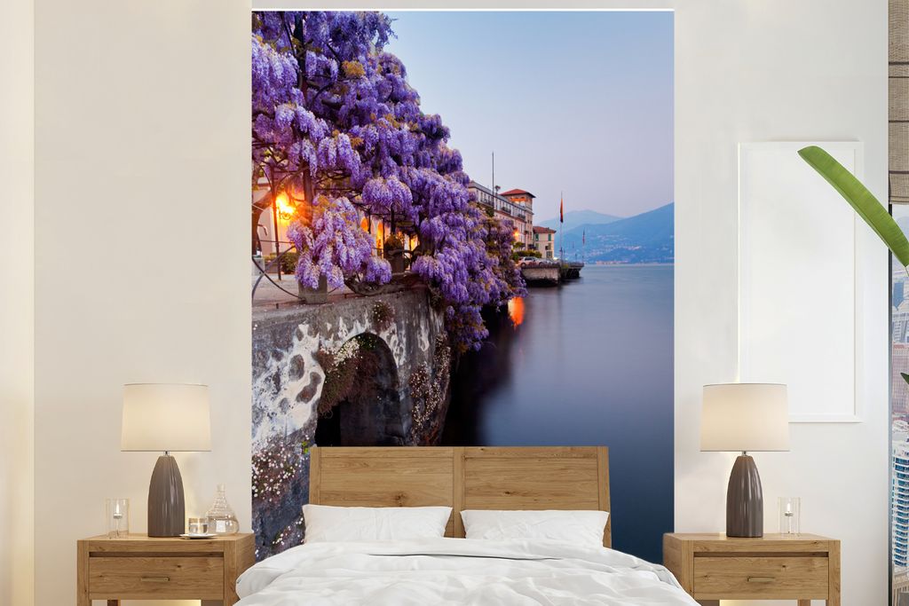MuchoWow Fototapete für Wohnzimmer oder Schlafzimmer Wandtapete Vinyl Motivtapete Blauer Regen am Wasser - 200x300 cm - Wanddekorationen