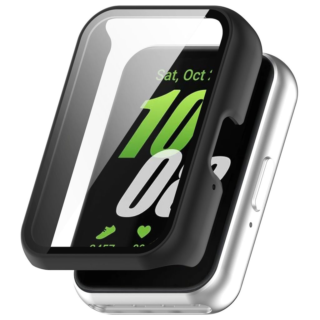 A smartwatch with a protective case and screen protector.