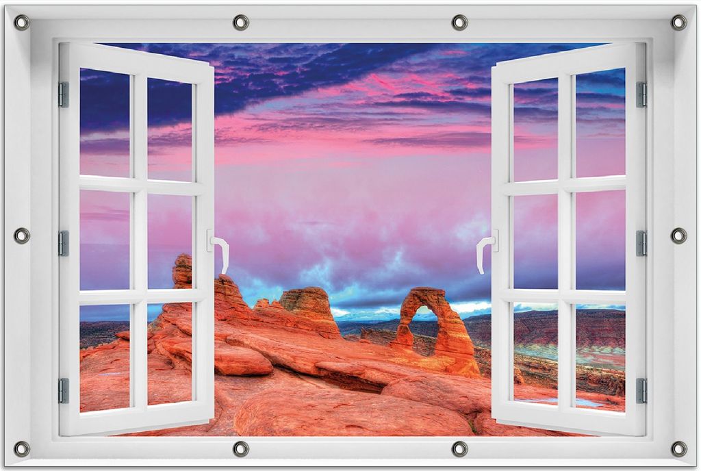 Wallario Outdoor-Poster für Garten oder Balkon 80 x 120 cm: Farbenfrohes Naturdenkmal - Steinbogen im Nationalpark Arches