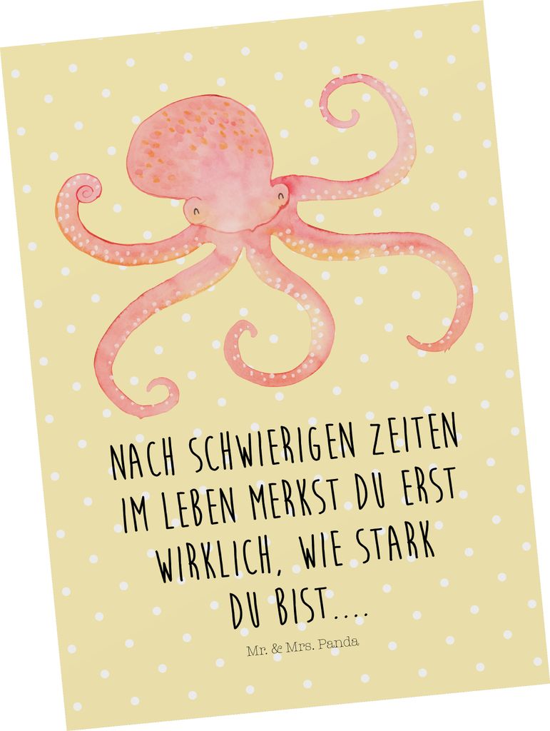 Mr. & Mrs. Panda Postkarte Tintenfisch - Gelb Pastell - Geschenk, Postkarten, Grußkarte, Meer, Krake, Meerestier, Ansichtskarten, Lustige Sprüche...