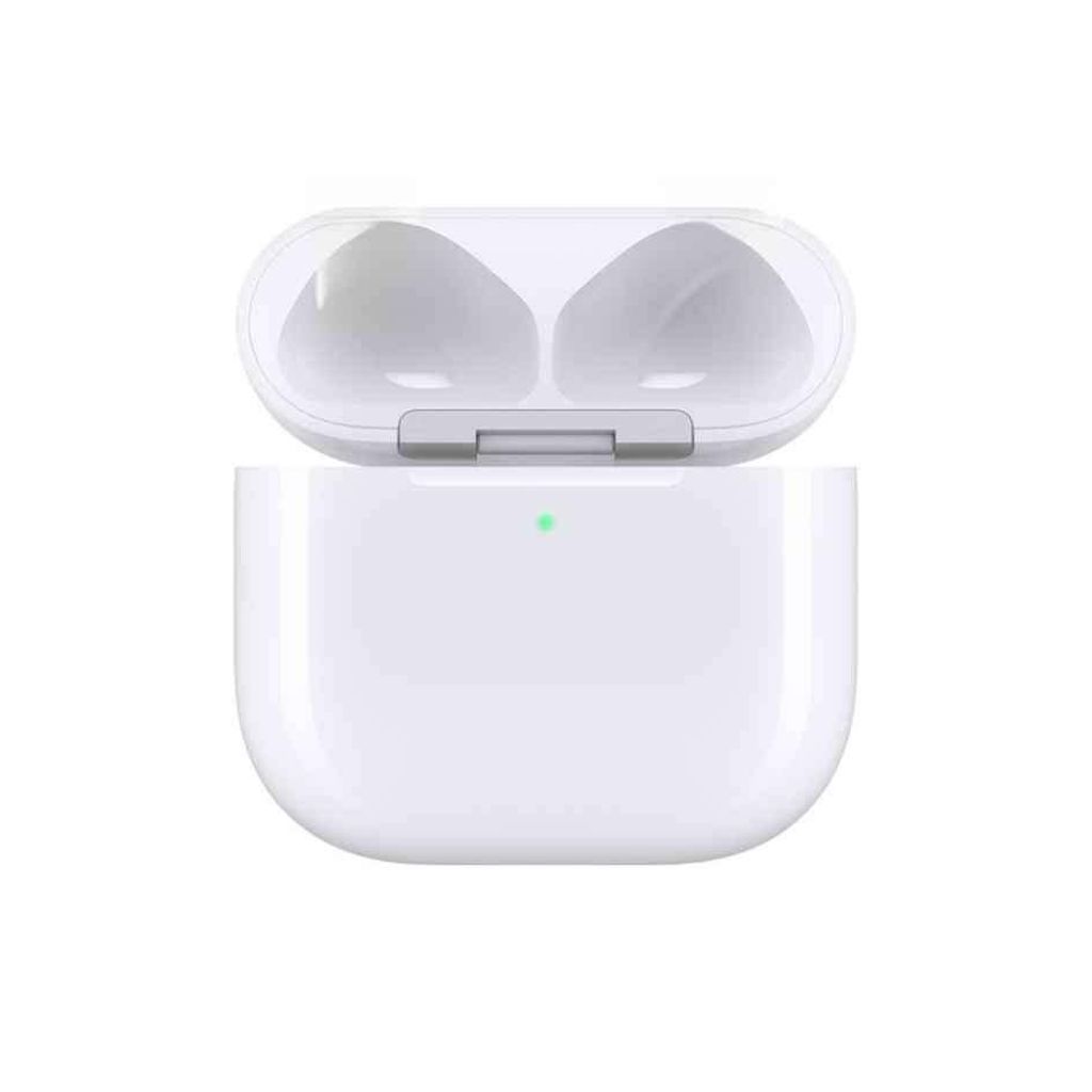 An open white charging case for wireless earbuds, with a small green indicator light on the front.