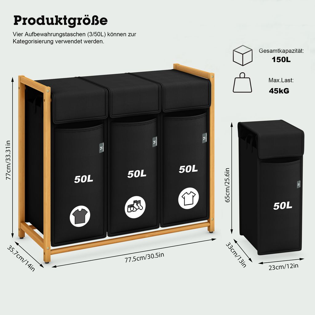 AdelDream Wäschekorb Kleidersortierer 3 Fächer Wäschewagen Produktbild 7