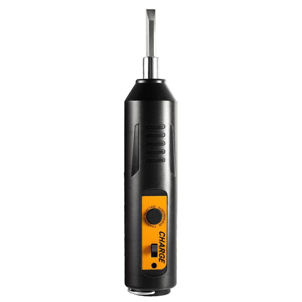 A black electric screwdriver with an orange control panel and a silver bit is shown against a white background.