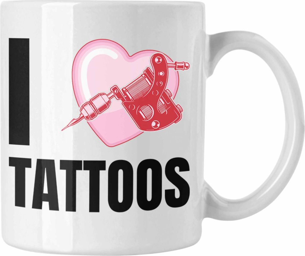 Trendation - I Love Tattoos Tasse Geschenk Tattoowiererin Tattoowierer Geschenkidee Spruch Männer Frauen (Weiß)