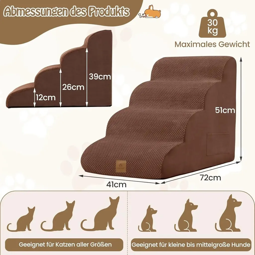 Escalier pour chien antidérapant 4 marches avec housse lavable grise