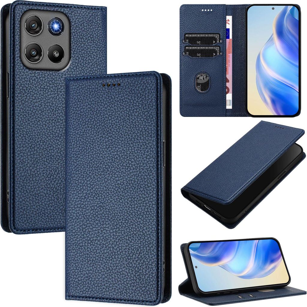 Litchi Leder Handyhülle für Motorola Moto G67 Power Wallet Kartenfächer Standfunktion Hülle Blau
