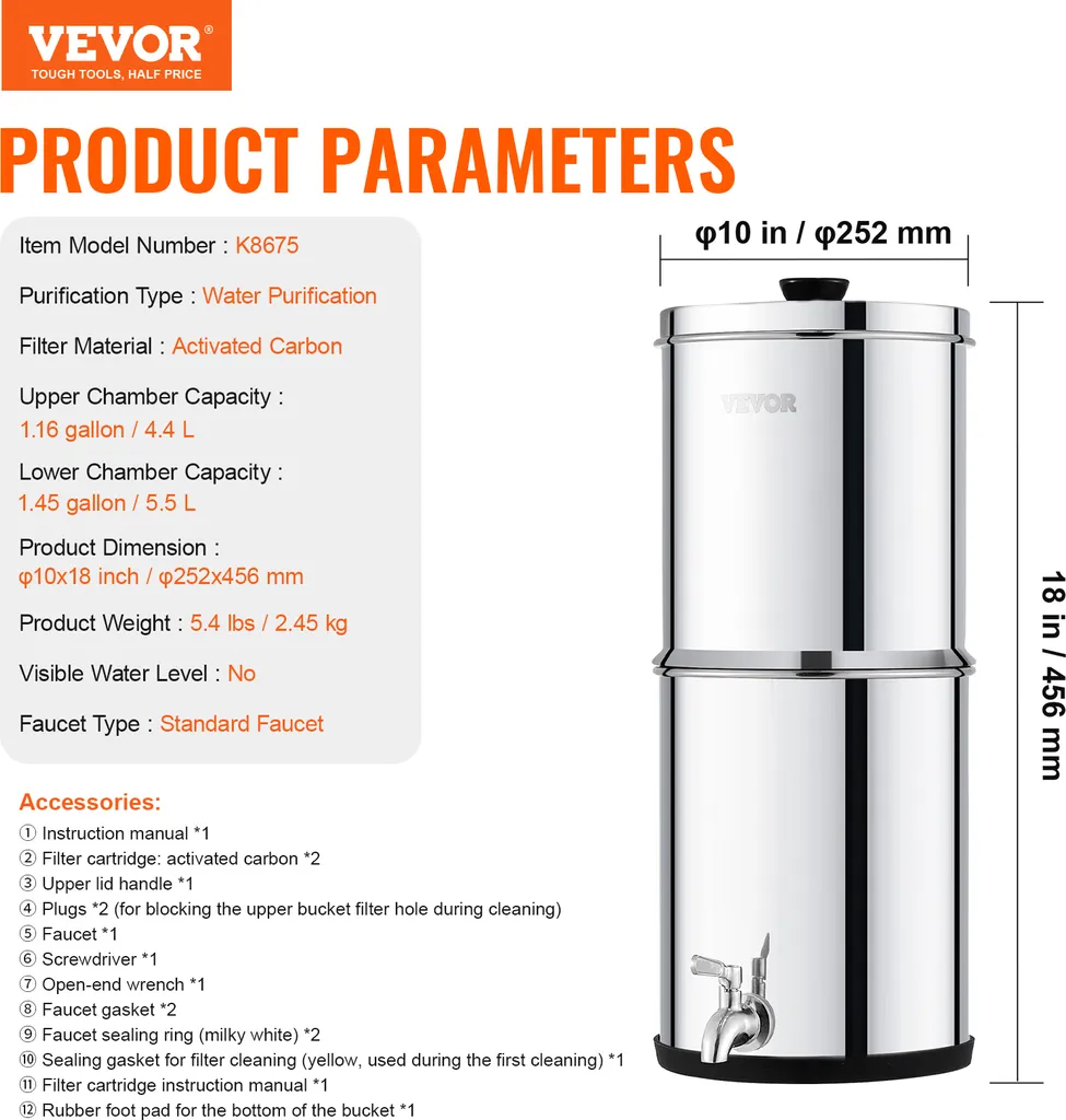 Analisi VEVOR Sistema Filtrazione Gravità Inox 4,4 + 5,5 L - 7