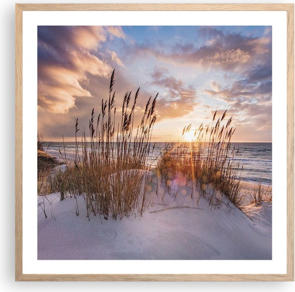 Gerahmtes Poster - Rahmen in heller Eiche - Westen auf der Strand - 60x60 cm - Wand Bild - Wanddeko - Wandbilder - Kunstposter - Wandposter - Bilde...