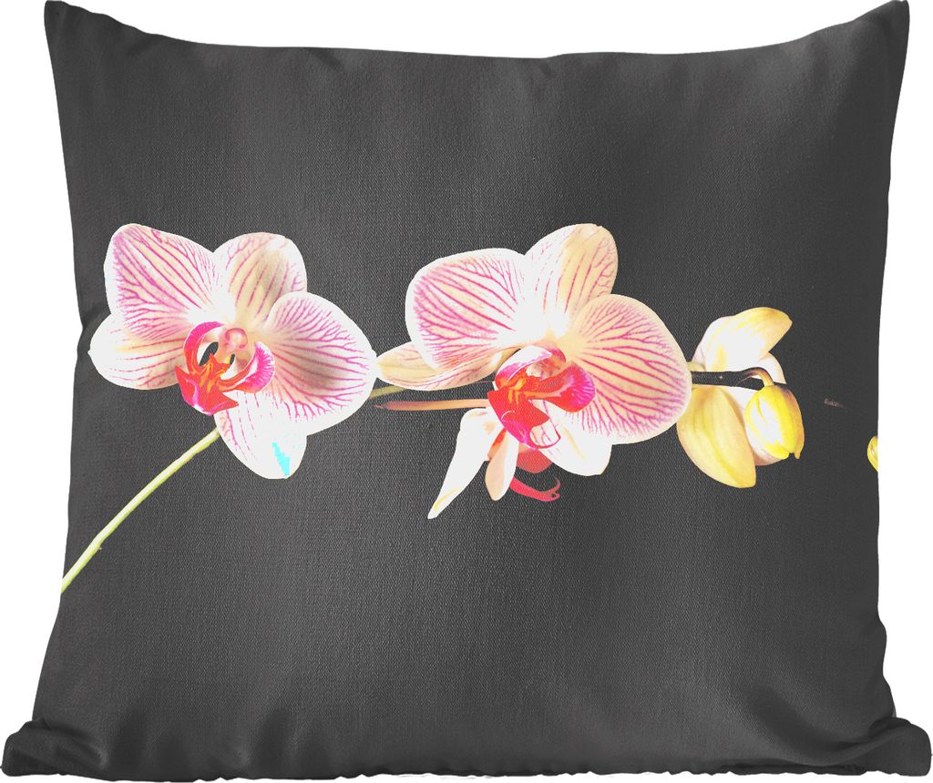 MuchoWow Zierkissen Sofakissen Wohnzimmer Dekokissen 45x45 cm Orchidee - Blumen - Schwarz - Rosa - Knöpfe - Schlafpolster - Polster für das Sofa