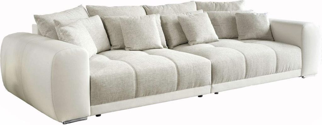Big-Sofa XXL 306 cm Federkern Lounge Couch Kunstleder Weiß und Stoff Grau Beige / 15113