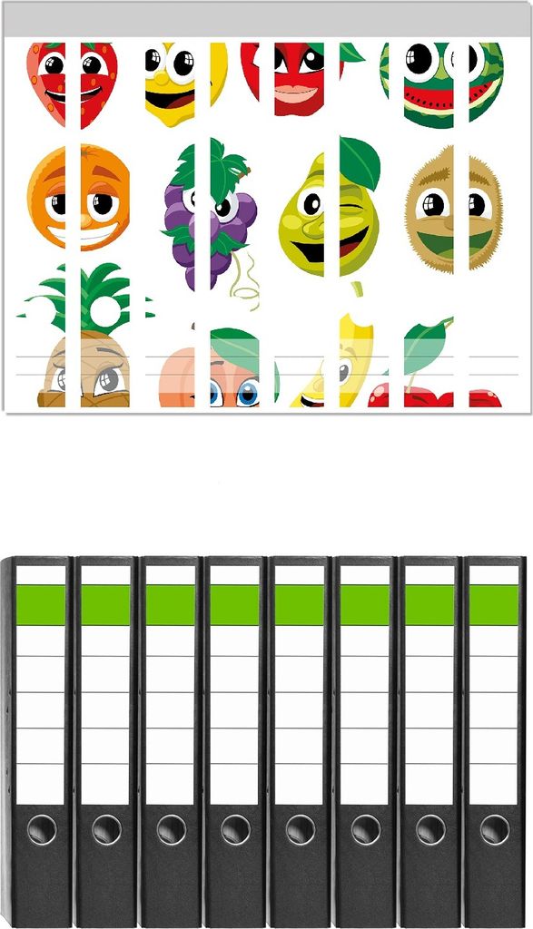 Wallario 8 Stück schmale Ordner inkl. Klebeetiketten mit Motive Obst-Smilies im Comic-Stil - Lustige Früchte - Set mit Rückenschildern / Ordner...