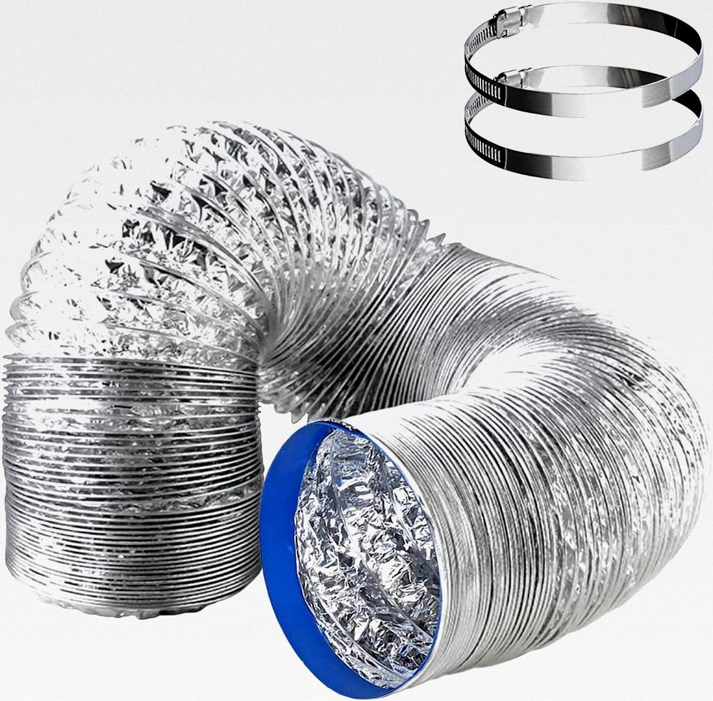 Flexibler Abluftschlauch, 100 mm x 2 m, hitzebeständig und wasserdicht, mit 2 Schellen à 100 mm