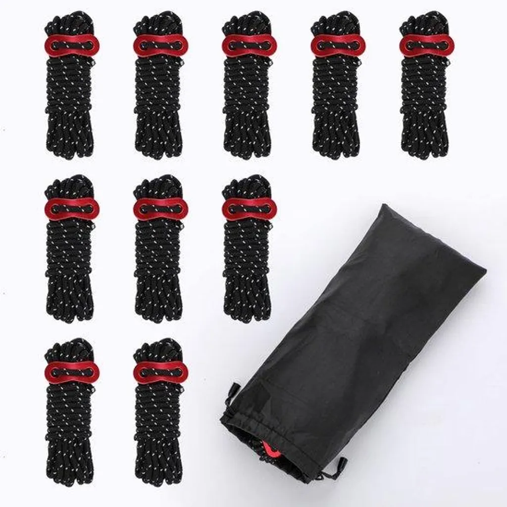 Corde de tente réfléchissante 4m en nylon noir avec tendeur - Lot de 10