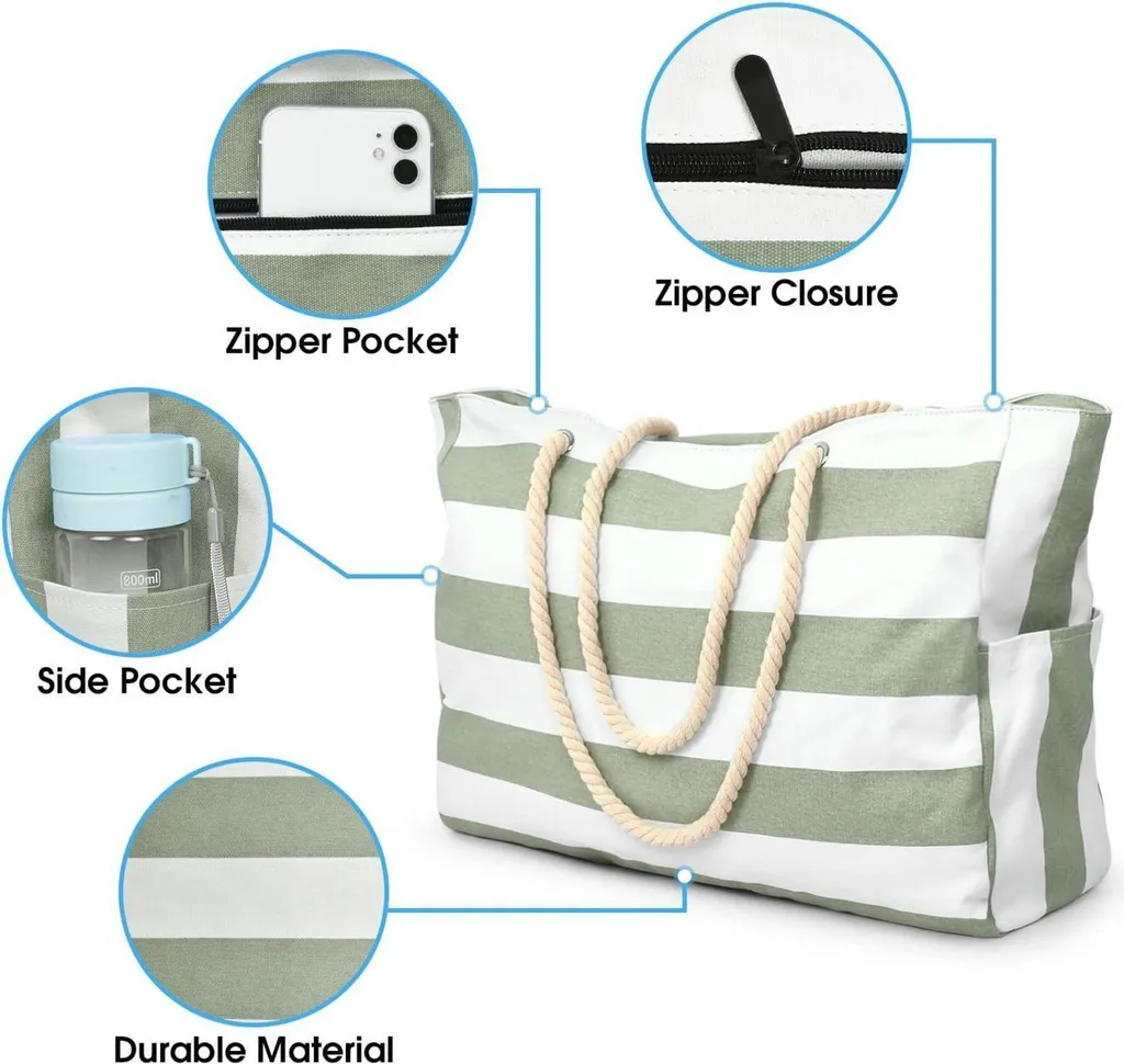 Borsa Da Spiaggia Anti-Sabbia Con Cerniera: Impermeabile, 8 Tasche, Pieghevole, Pronta Regalo (38x38x18 Cm)