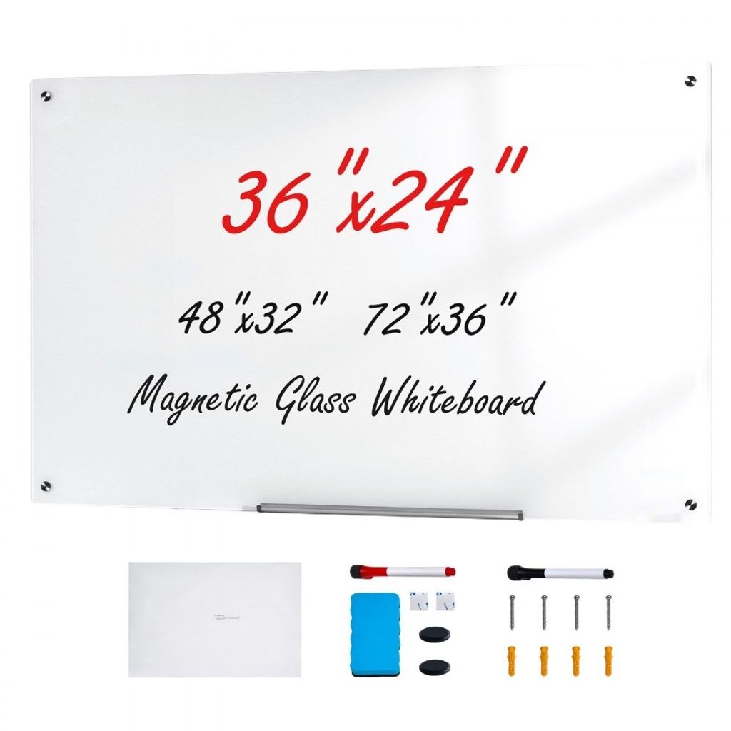 Magnetisches Glas-Whiteboard - Trocken Abwischbare Wandtafel - 90 x 60 cm - Wandmontiertes Weißes Glasboard - Stiftablage, Radiergummi, 2 Stiften ...