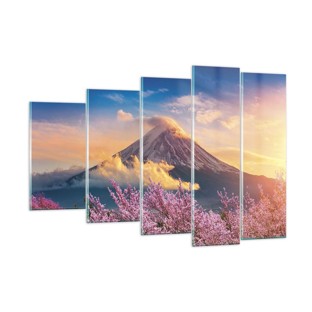 Bilder auf glas - 5 Teile - Fuji Blume Kirsche - 150x100cm - Glasbilder - Wandbilder - Bilder - zum Aufhängen bereit - Wanddekoration aus Glas - G...