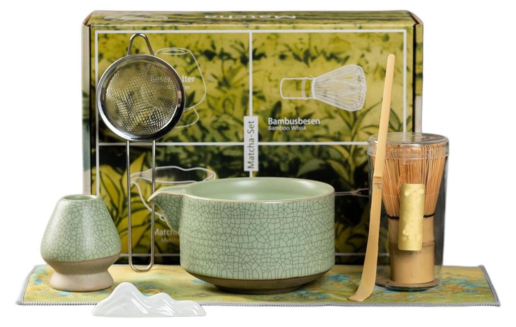 INF Matcha Set 7-teilig Kaolin Keramik Riss-Glasur Schale mit Zubehör Grün
