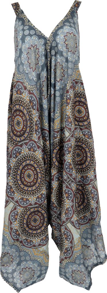 Boho Jumpsuit, Mandala Sommer Overall, Oversize Strand Hosenkleid - Graublau, Damen, Viskose, Hosen
