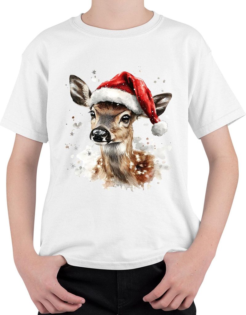 Weihnachten Rehkitz Aquarell Santa niedlich Winter Geschenk Uni Kinder T-Shirt, Weiß, 116