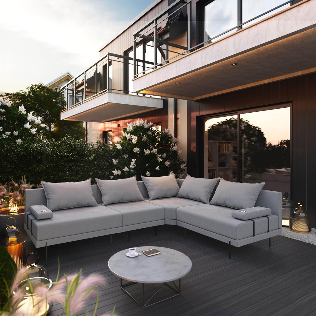 TRADA Gartensofa lounge set Bahama M Grau Gartenmöbel set Wasserabweisend Stoff Rechts L-form