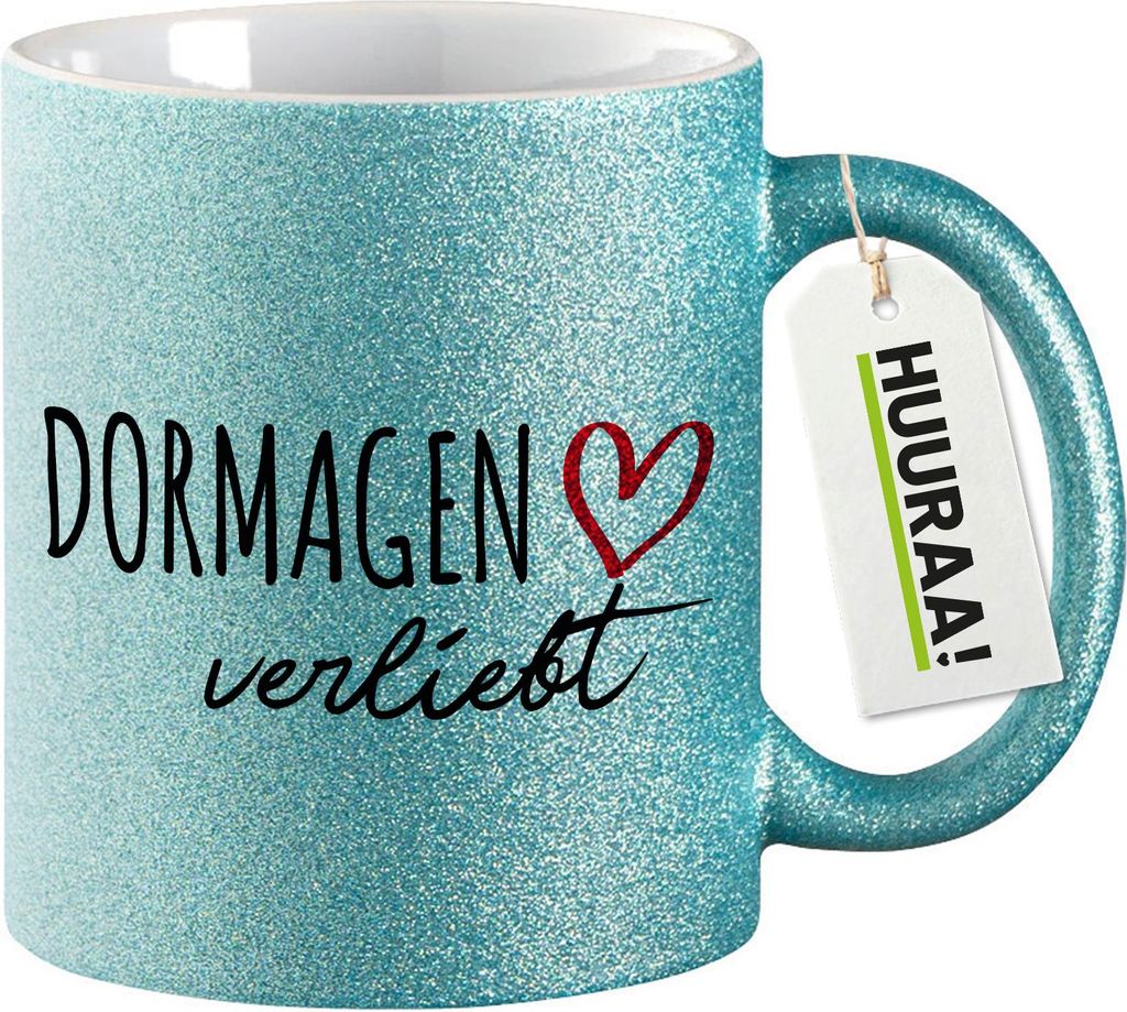 Huuraa Glitzertasse Dormagen verliebt 330ml Blau Keramik Kaffeebecher Geschenkidee