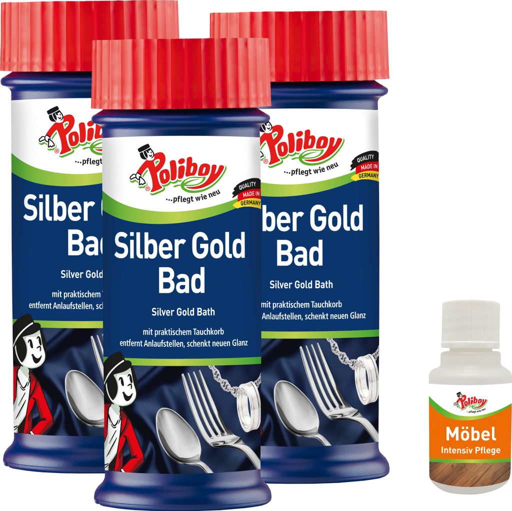 Poliboy Silber Gold Bad - 3x375ml - mit praktischem Tauchkorb - verleiht neuen Hochglanz und reinigt selbstständig - mit Leder Probe - 99A4201