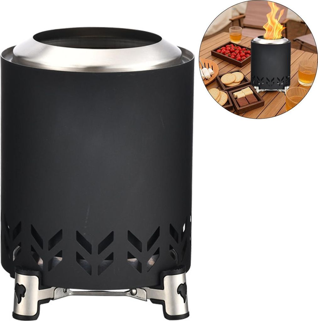 Rauchfreie Outdoor-Feuerstelle 18x18x21cm Edelstahl mit Tragetasche für Balkon Garten Camping