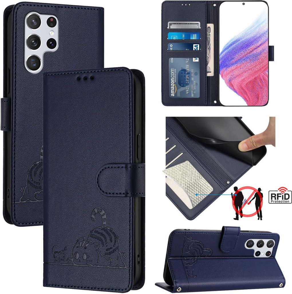 Leder Hülle für Samsung Galaxy S22 Ultra 5G Süße Katze Flip Case Brieftasche Schutzhülle mit Standfunktion Blau