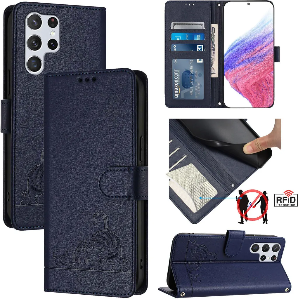 Protezione Totale Samsung S22 Ultra 5G - Cover Blu Gatto Portafoglio
