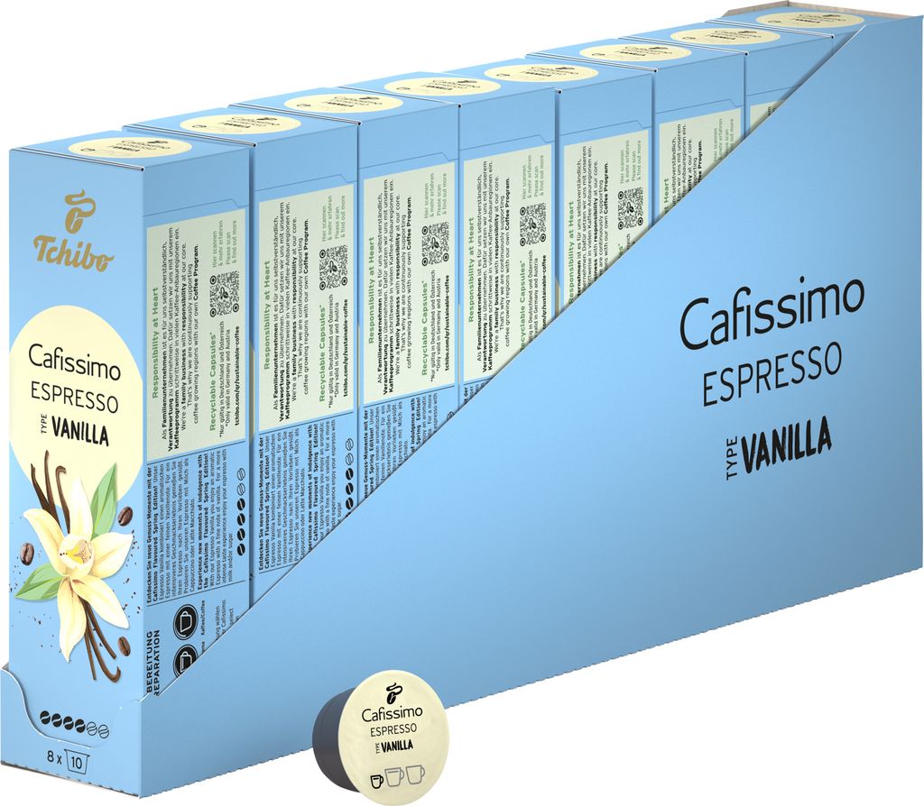 Tchibo Cafissimo Espresso Vanilla Kaffeekapseln, 80 Stück – 8x 10 Kapseln (Espresso, aromatisch mit feiner Vanillenote), nachhaltig & fair gehan...