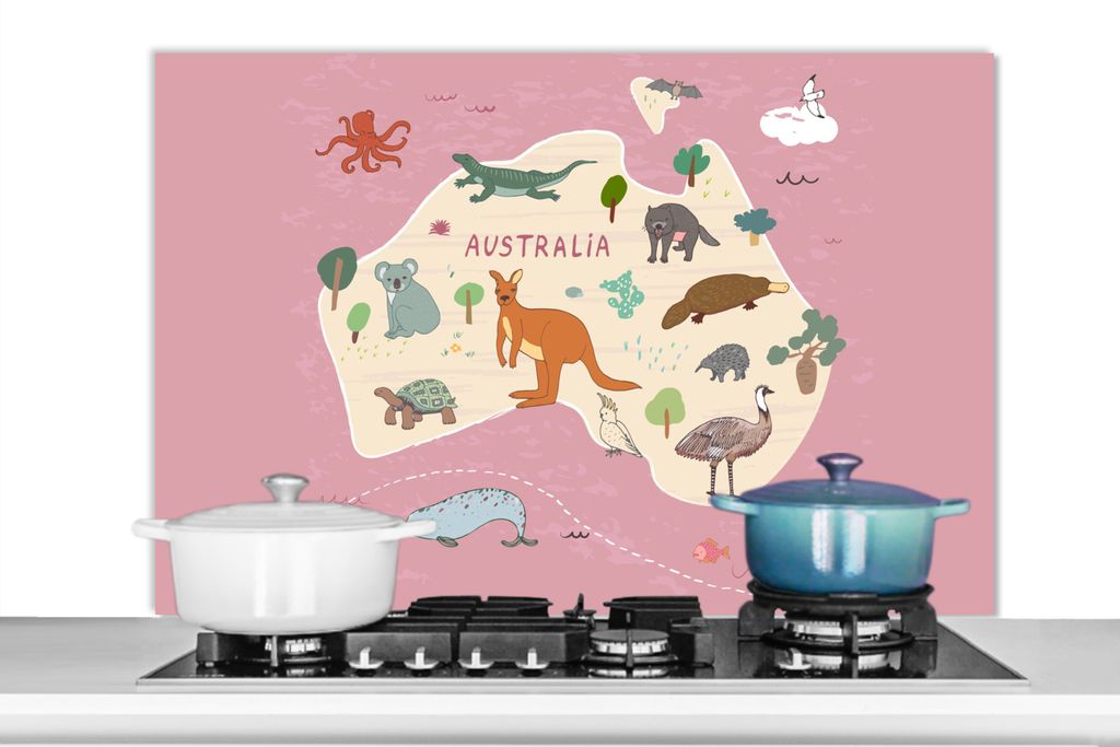 KitchenYeah Spritzschutz Küche - Küchenrückwand - Wandschutz für Herd und Spüle - Australien - Weltkarte - Kinder - Tiere - Mädchen - Kind...