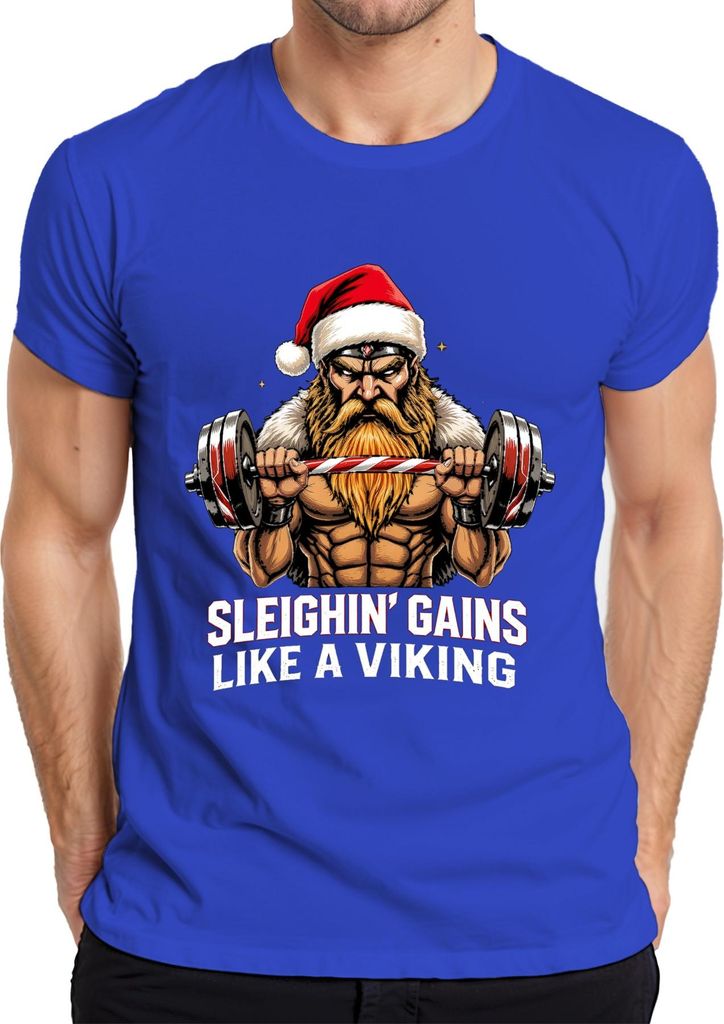 Sleighin' Gains Like A Viking Wikinger Weihnachtsmann Gym Fitness Herren T-Shirt, Blau, XL