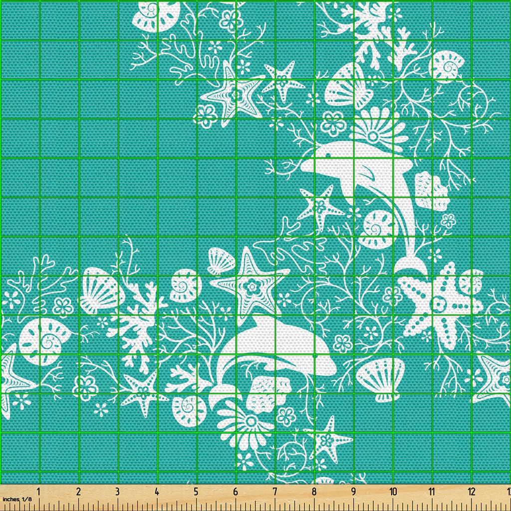 ABAKUHAUS Fisch Gewebe als Meterware, Delphine Starfishes und Seashells Blumen- und Tiermuster-Strudel stielt Blumen, 10 M (148 x 1000 cm), Türkis...