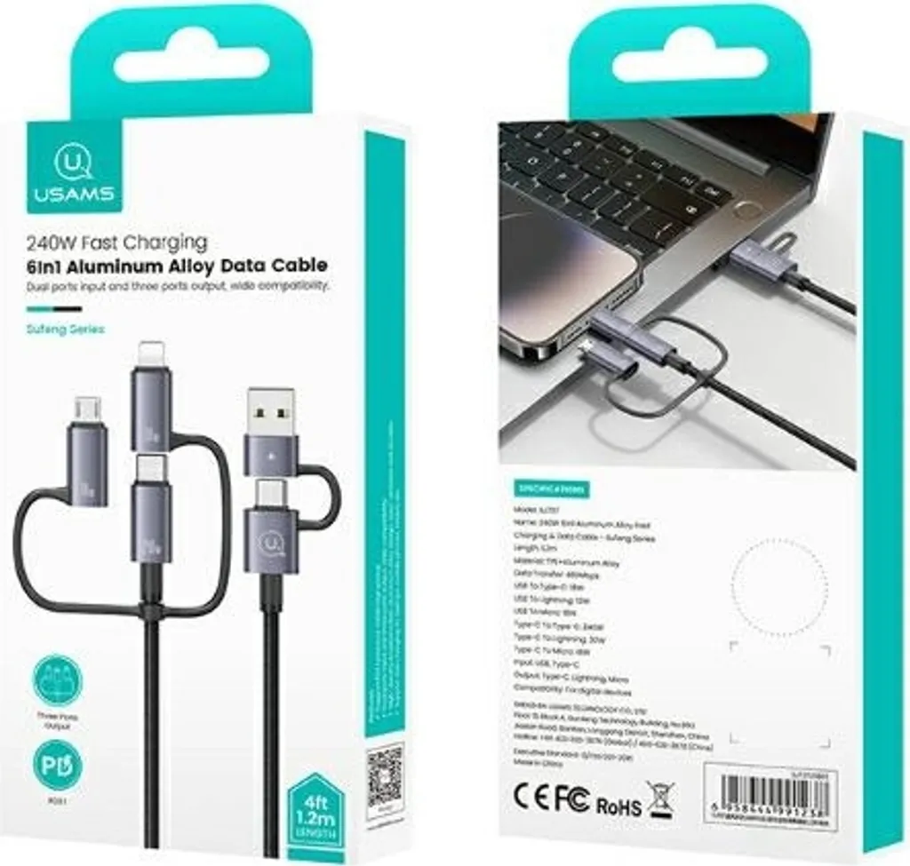 Usams 6 in 1 Cavo Viaggio 240W Display - Sufeng 2M per iPhone e PC - 8