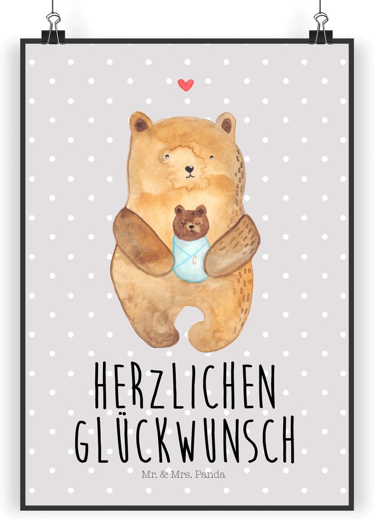 Mr. & Mrs. Panda Bild Bär Baby DIN A3 - Grau Pastell - Geschenk, drucke, Geburt, Plakat, wanddeko, Neffe, Geburtstag, Mutter, Wandbild, Teddy, Kun...