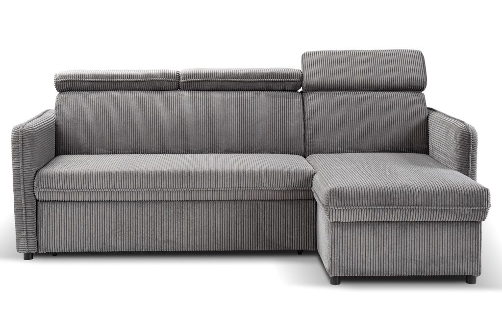 A dark gray sectional sofa with adjustable headrests shown from the front against a white background.