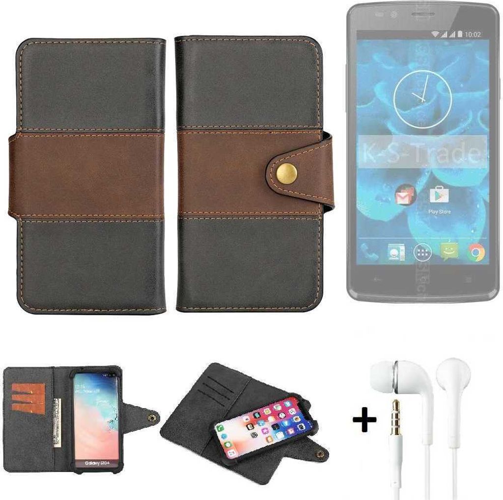 K-S-Trade Handyhülle Schutzhülle Bookstyle Wallet-Case kompatibel mit Qilive Q4 5.0 + earphones Bumper rundumschutz schwarz-braun 1x