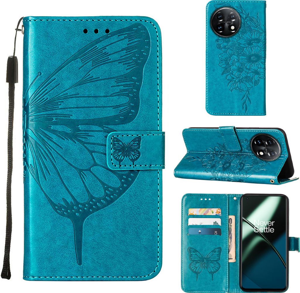 Lederhülle für OnePlus 11 Schmetterling Prägung Flip Ledertasche Kartenfächer Handyhülle mit Ständer Blau