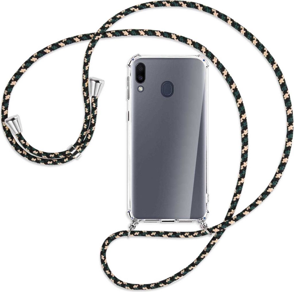 Handykette Backcover-Schutzhülle mit Band (Metall silberfarben) für Samsung Galaxy M20 - camouflage