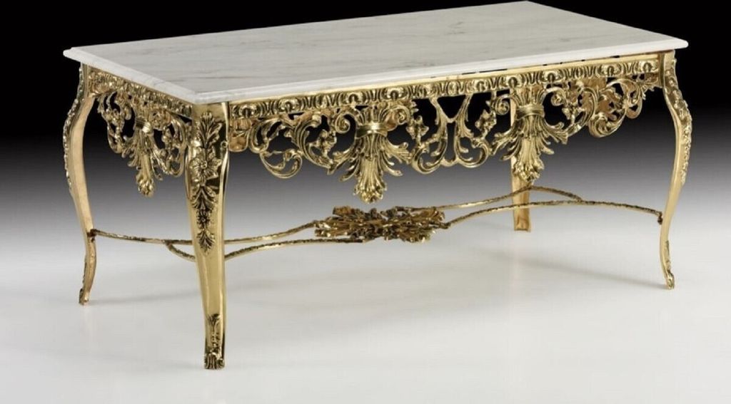 Casa Padrino Luxus Barock Couchtisch mit Marmorplatte Gold / Creme 118 cm - Barock Wohnzimmer Möbel