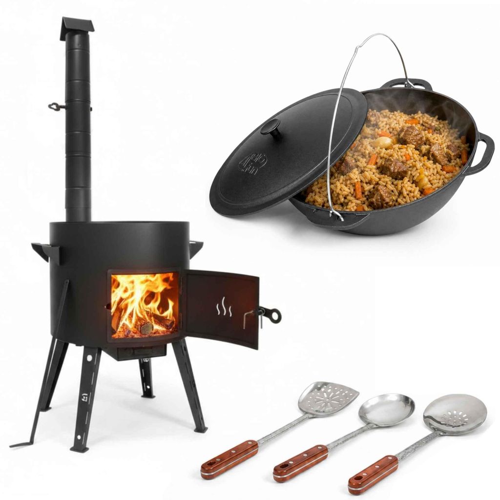 Premium Gusseisen Kazan Set 12 L mit Ofen Utschak Feuerofen Ø40 cm Uchag 2mm Stahl mit Abzugsrohr Kasan mit Gusseisendeckel Gulaschkanone Feuerste...