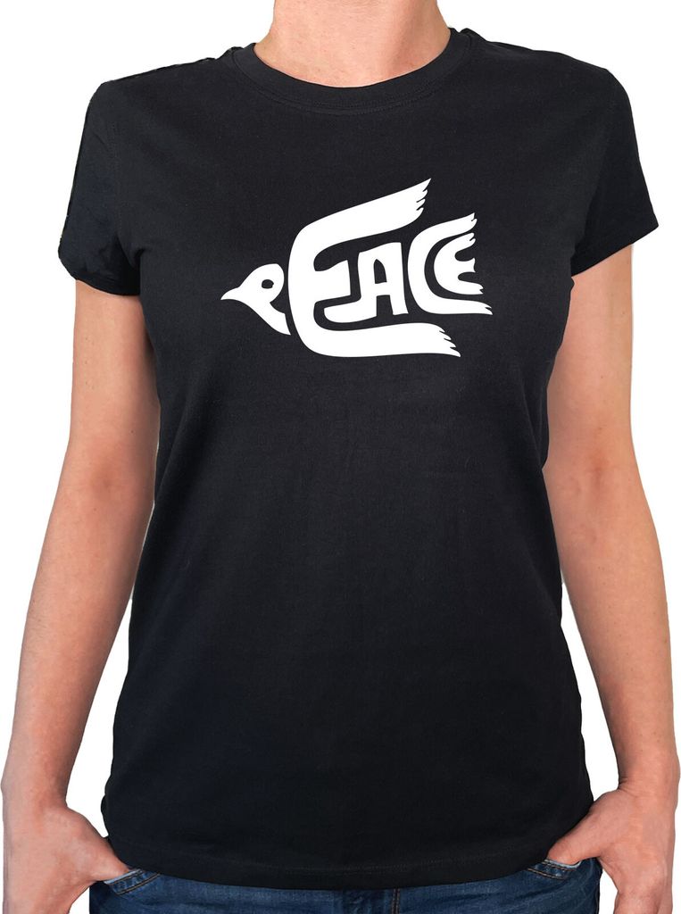 Huuraa Damen T-Shirt Peace Friedenstaube L Black Bio Baumwolle Fairtrade Damenshirt Geschenkidee