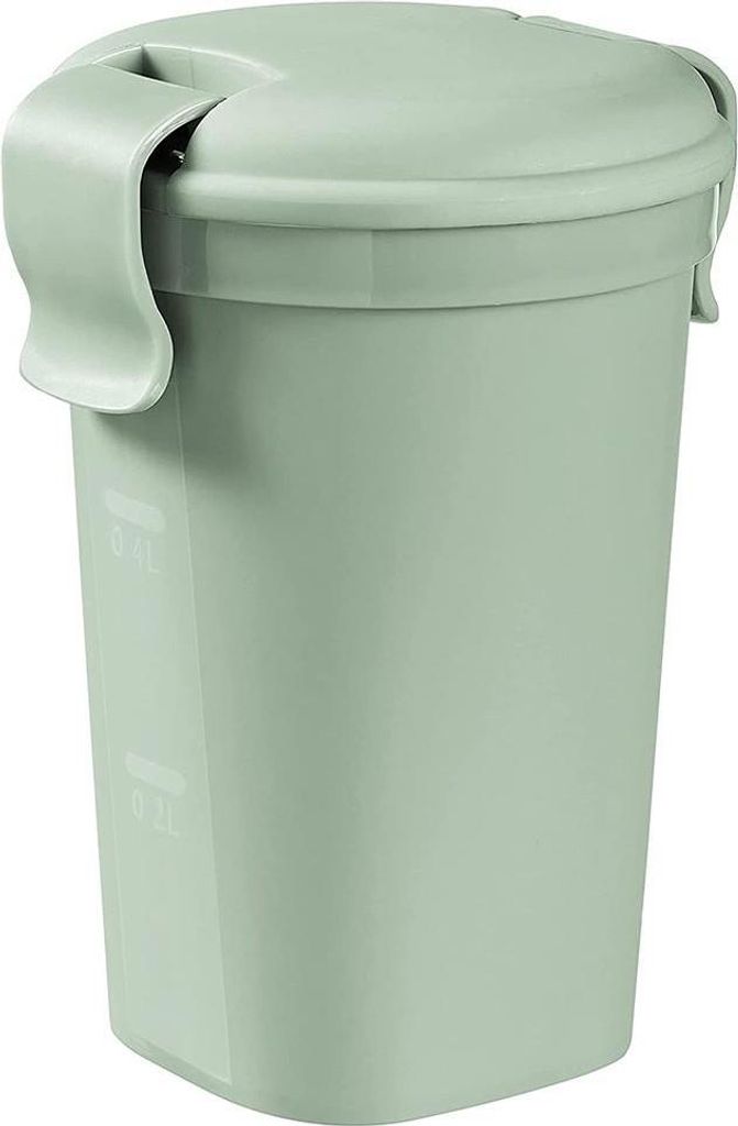 A light green food storage container with a lid.