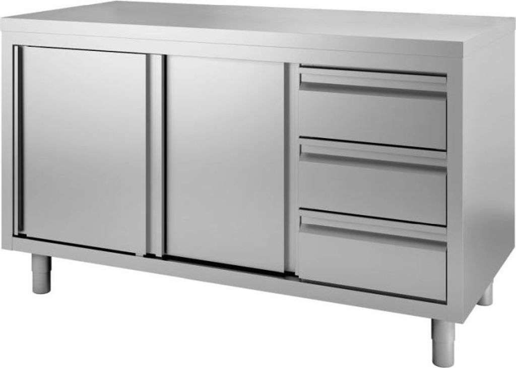 Arbeitsschrank aus Edelstahl mit Schiebetüren und 3 Schubladen , 1600(L)x600(T)x880(H)mm