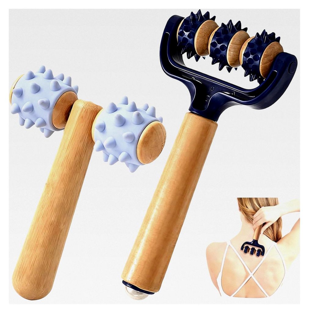 2 Stück Massageroller aus Holz mit Igelball, Selbstmassagerolle mit Griff, Massagegerät für Beine, Arme, Rücken und Schultern bei Muskelschmerz...