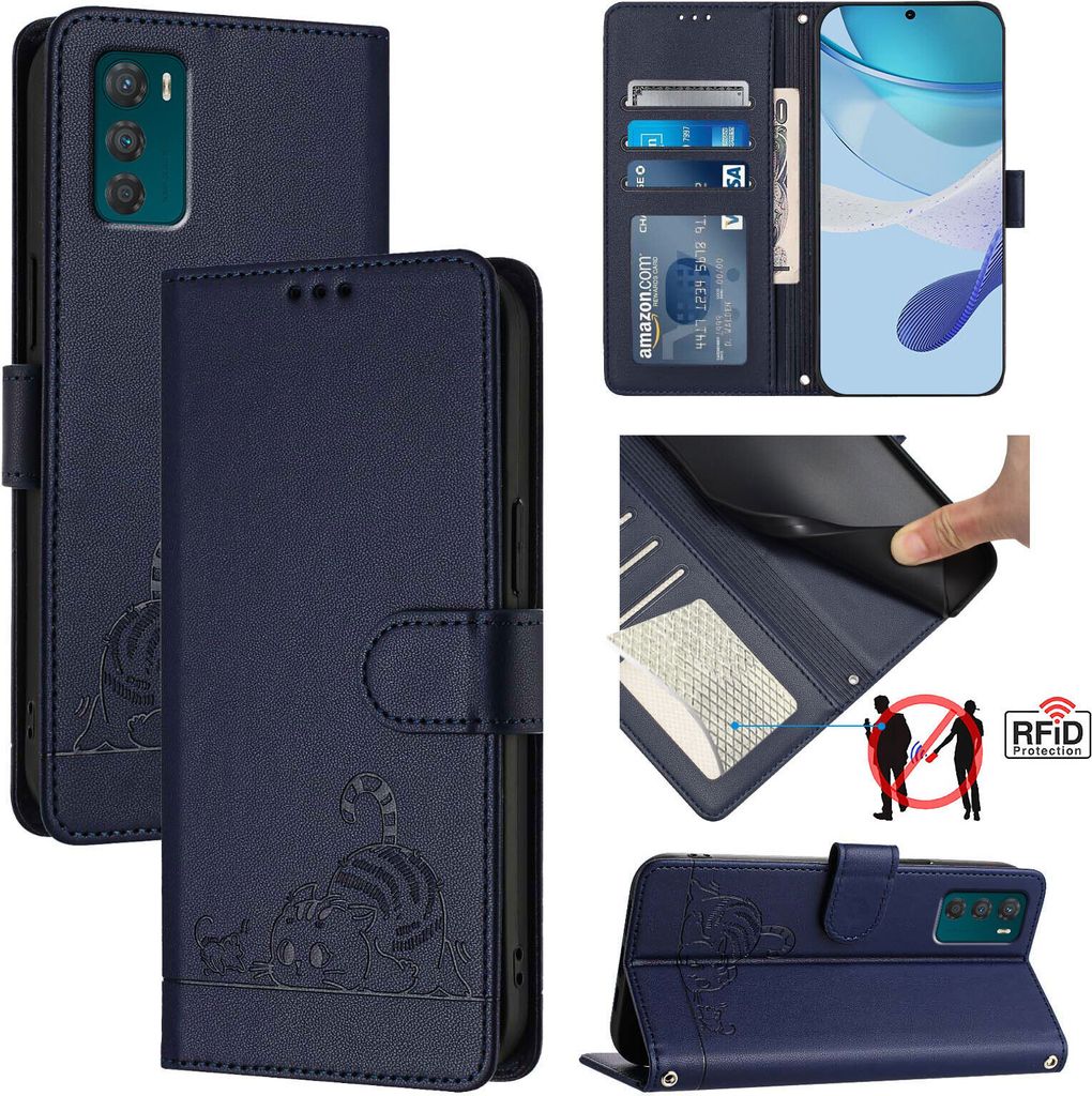 Leder Hülle für Motorola Moto G42 Süße Katze Flip Case Brieftasche Schutzhülle mit Standfunktion Blau