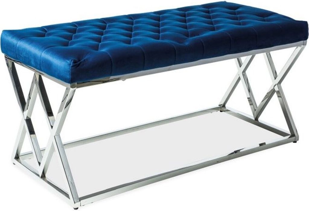 Casa Padrino Luxus Sitzbank Marineblau / Silber 100 x 48 x H. 46 cm - Gepolsterte Samt Bank mit verchromtem Edelstahl Gestell - Wohnzimmer Möbel