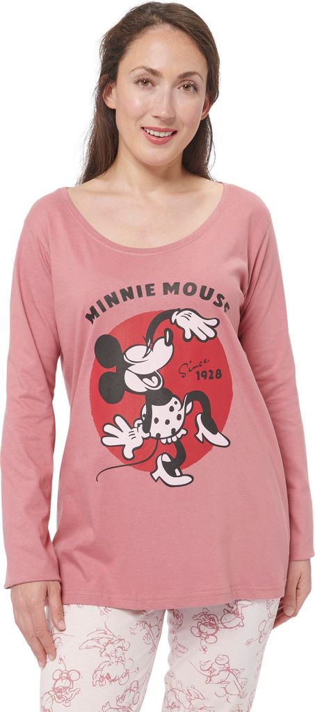 Disney Minnie Mouse Schlafanzug für Damen - Pyjama Set Langarm Oberteil mit Hose Pink/Rosa S