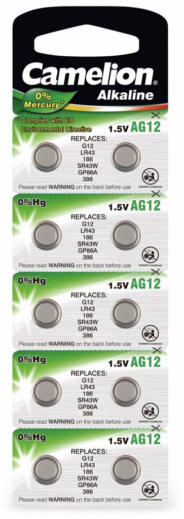 10x Knopfzellen AG12-LR43-V12GA-186-386 Alkaline Uhrenbatterie von Camelion 