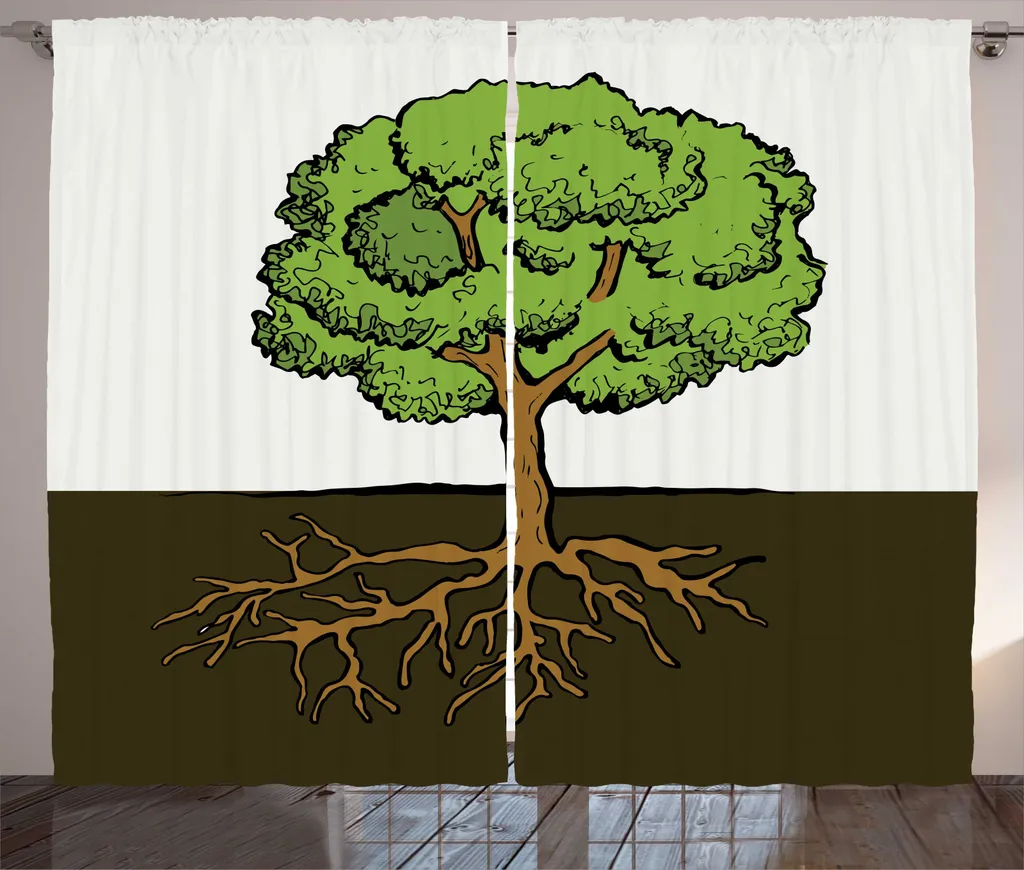 Rideau Imprimé Arbre avec Boucles et Crochets 280x225 cm Ivoire et Vert